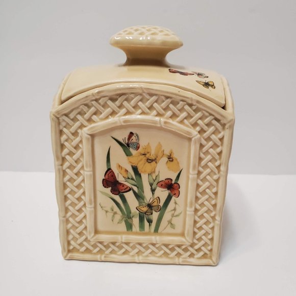 Vintage Enesco BUTTERFLY GARDEN TRELLIS Canister / Jar, Retro Cottagecore Decor - Picture 4 of 10
